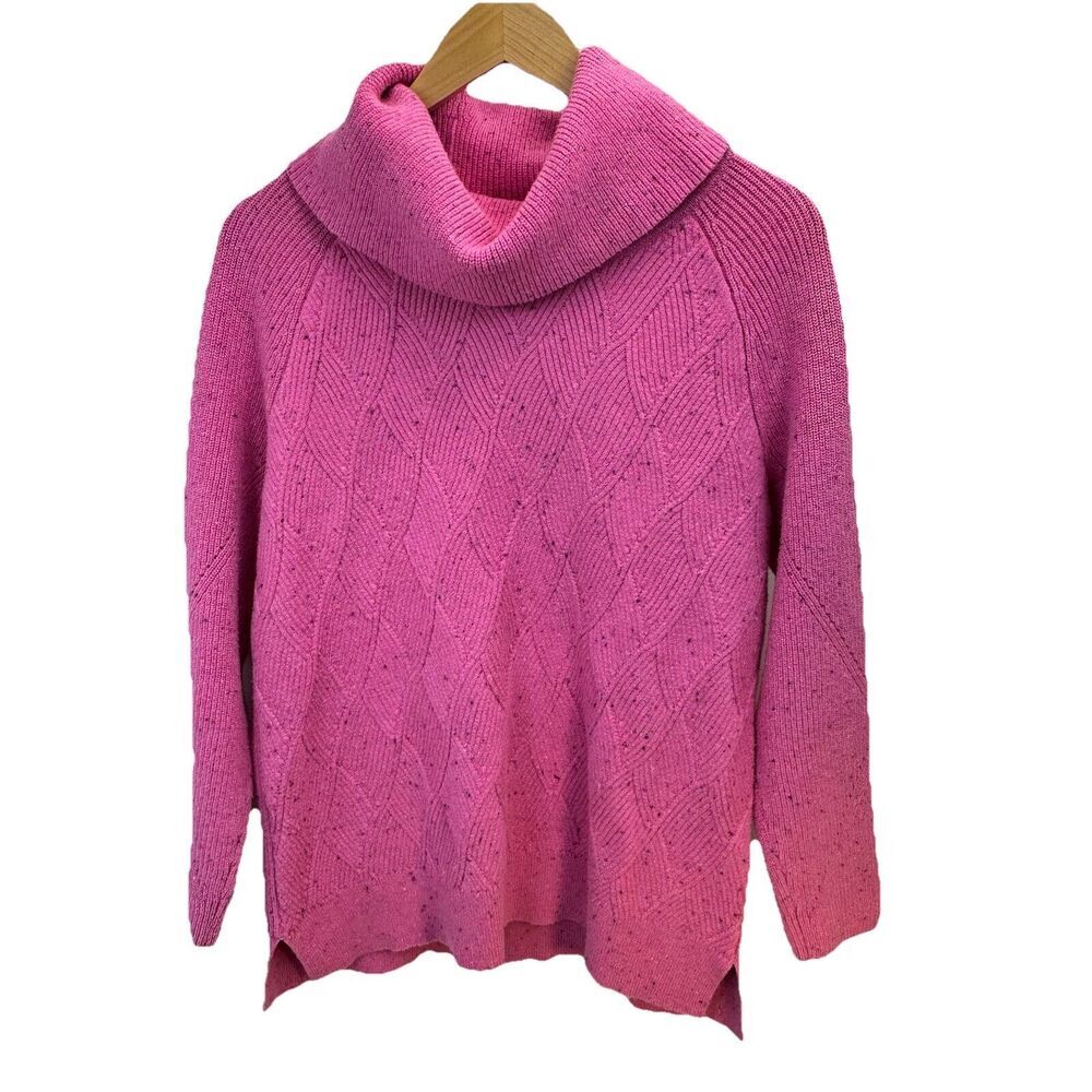 TALBOTS Cowl Knit Sweater Sz Large Pink Speckled Knit Cotton Blend Diamond Tweed - Picture 6 of 13